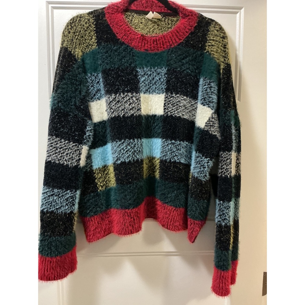 Anthropologie Moth Eyelash Knit Sweater Womens XL Multicolor Plaid Crewneck Fuzy - Picture 1 of 3